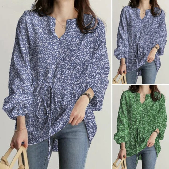 2023 Women's Long Sleeve V-Neck Floral Top with Bell Sleeves