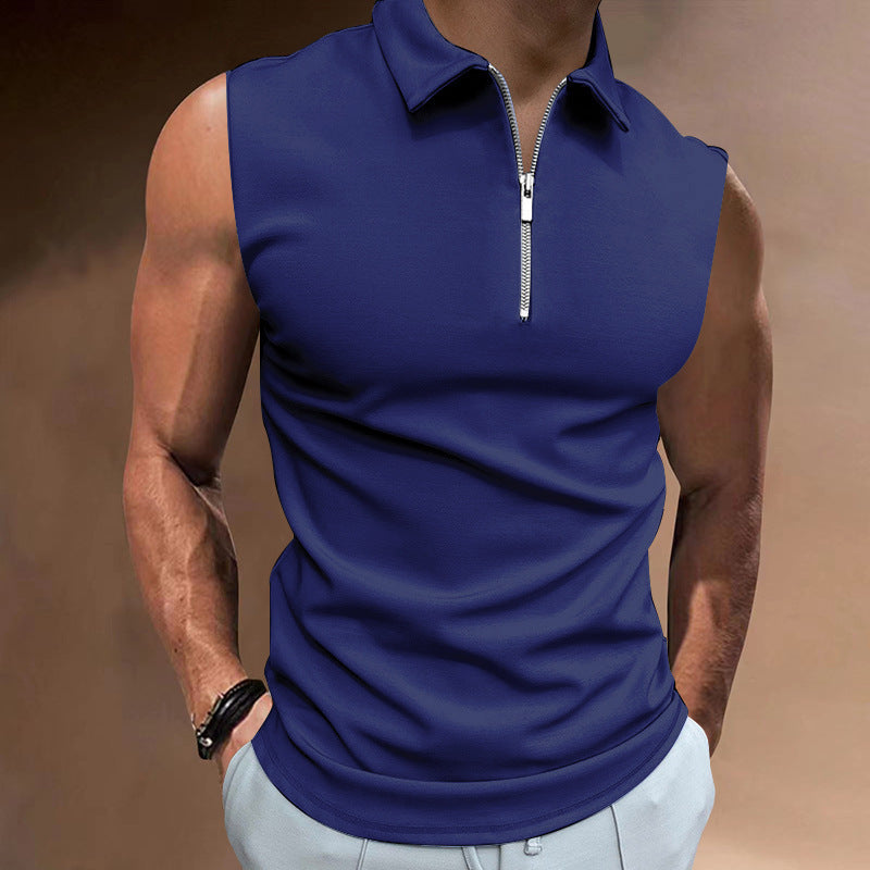Men's Solid Color Sleeveless Polo Shirt - Casual Tops