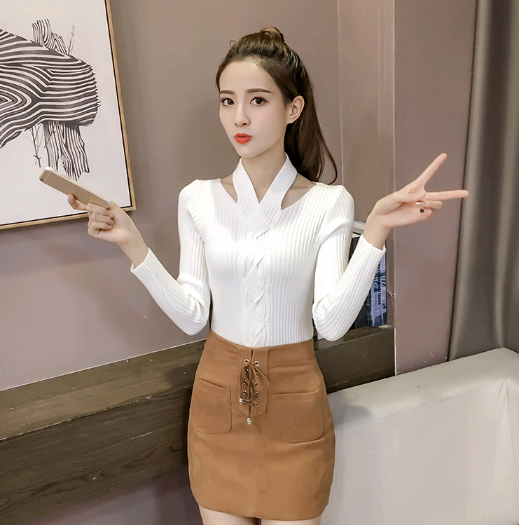 Women's Long Sleeve T-Shirt, Fashionable V-Neck Knit Top