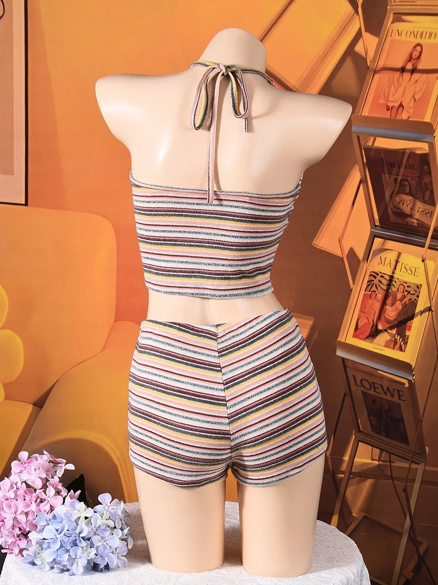 SsTss Women's Colorful Striped Halter Crop Top & Shorts 2 Piece Set New Fashion Summer Casual Daily Vacation Lounge Outfit