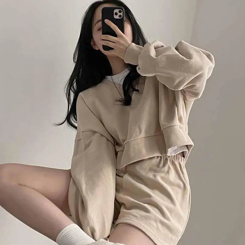 Korean Set Lazy V Neck Pullover Sweatshirt Set