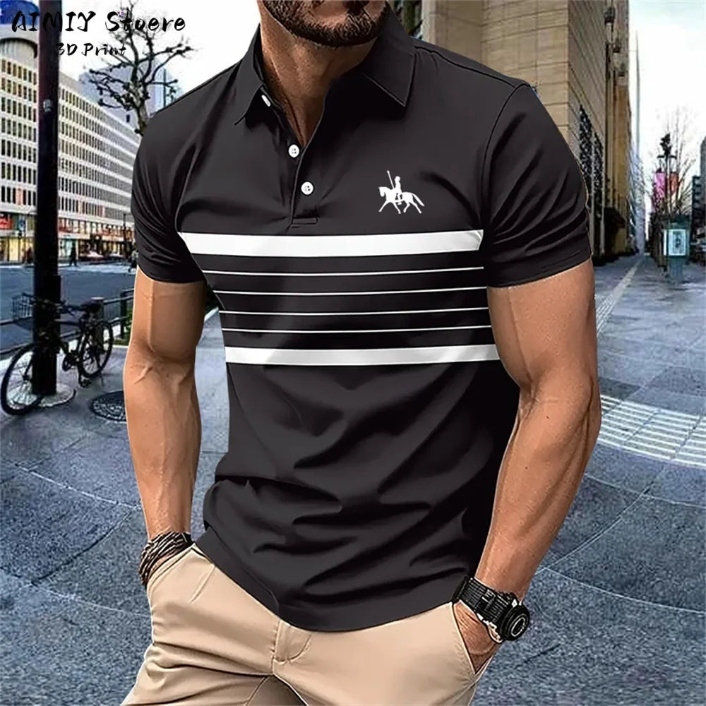 Men's Polo Shirt Striped Polo Shirt Casual Men's Top Short Sleeve Lapel Shirt White Base Gray Stripe Versatile Business Wear