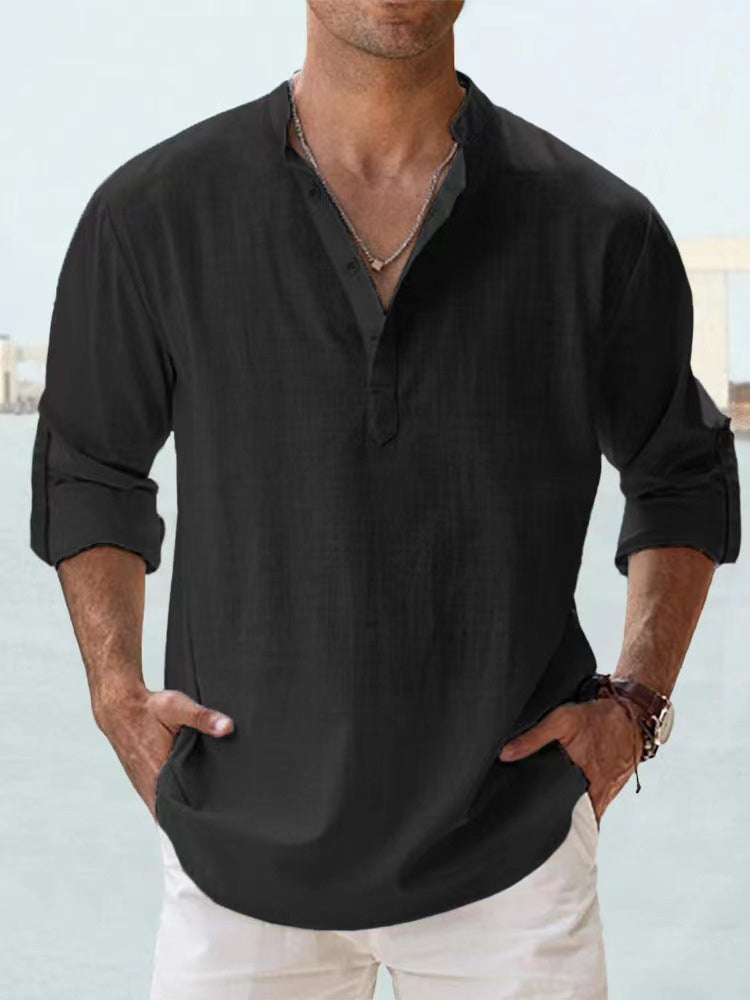Mens Linen Collar Long Sleeve Cotton Shirt