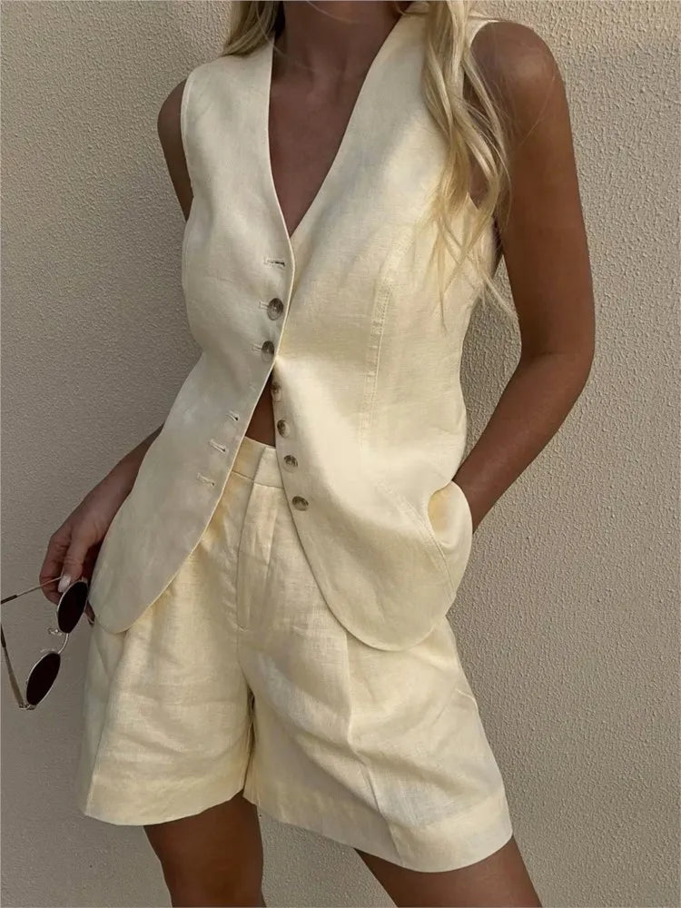 New Summer Women 2 Piece Cotton Linen Shorts Set, Fashion Office Lady Button Tank Vest Top Pocket Shorts Suit, Casual Outfits