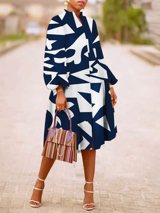 Women's V-neck Long Sleeve Dress with Lantern Sleeves