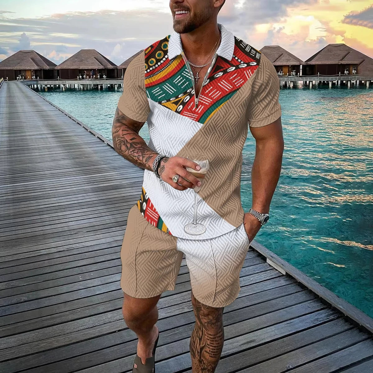 Summer 3D Print Men's Polo Shirt Set