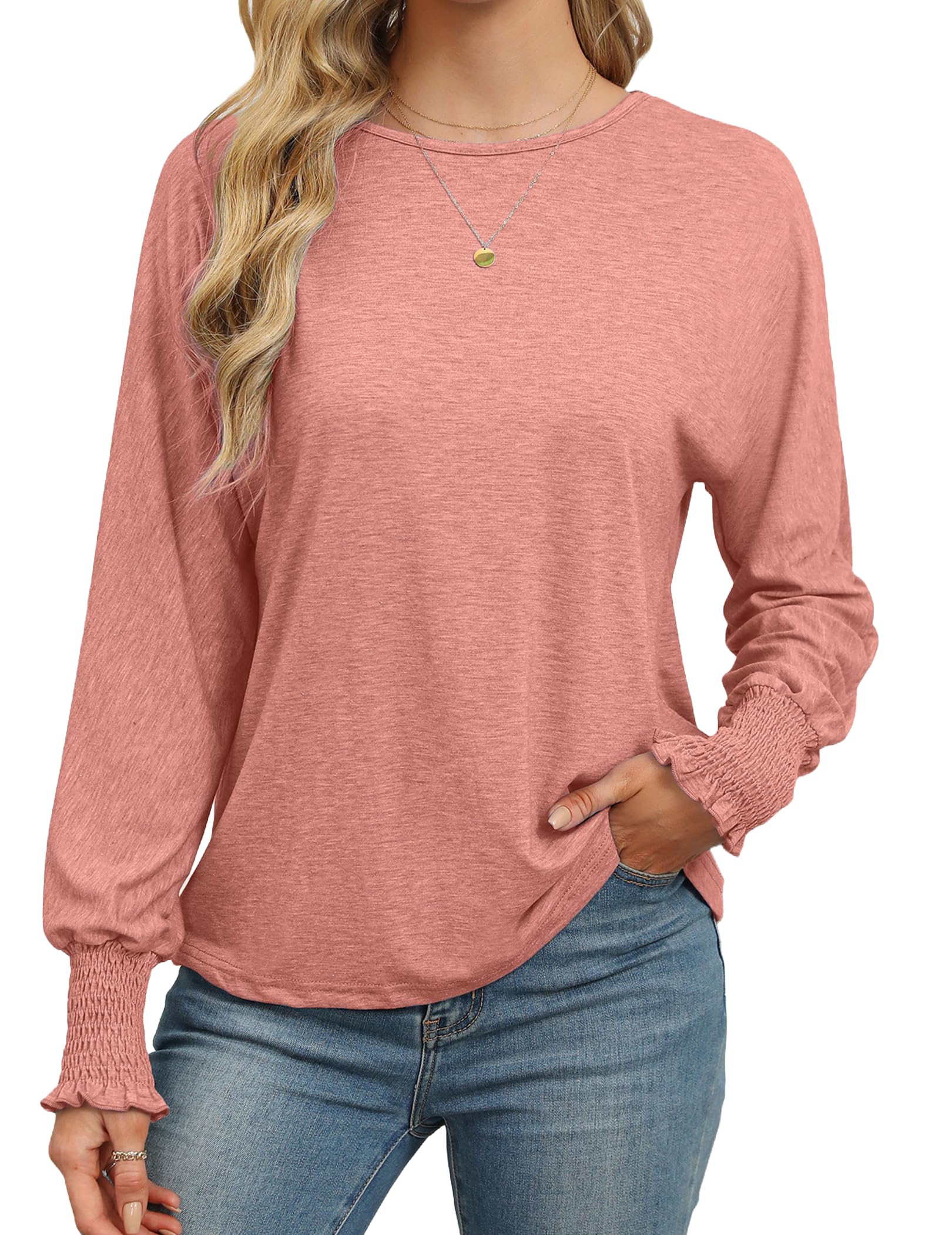Cnlinkco Fall Outfits for Women 2024 Ladies Long Sleeve Tops and Blouses Work Pullover Clothes Pink
