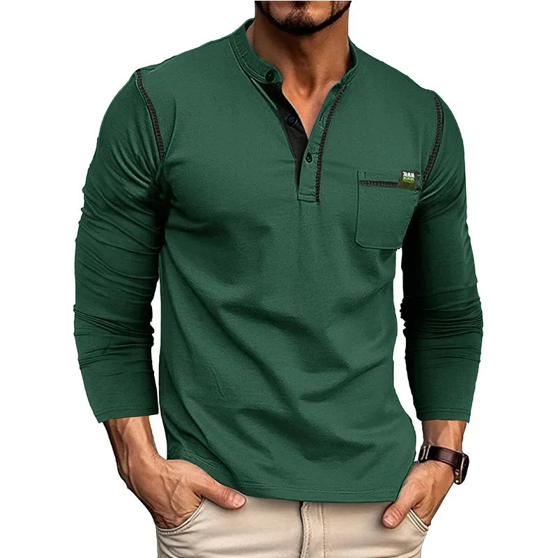 T-shirt Henry Collar Solid Color New Autumn Winter Men's Long-sleeved Casual Fashion Tee Top