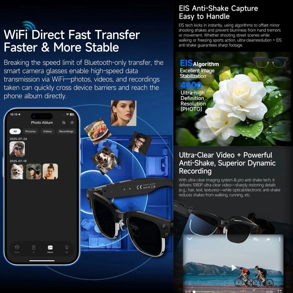 AI Smart Glasses 8MP Bluetooth Waterproof IP66 with Video Recording Photo Recognition Translation 290mAh Glasses for Everyday Us