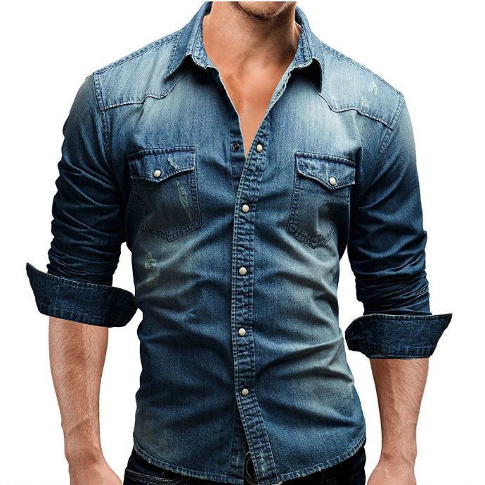 Men's Long Sleeve Denim Shirt Casual Solid Color Stitched