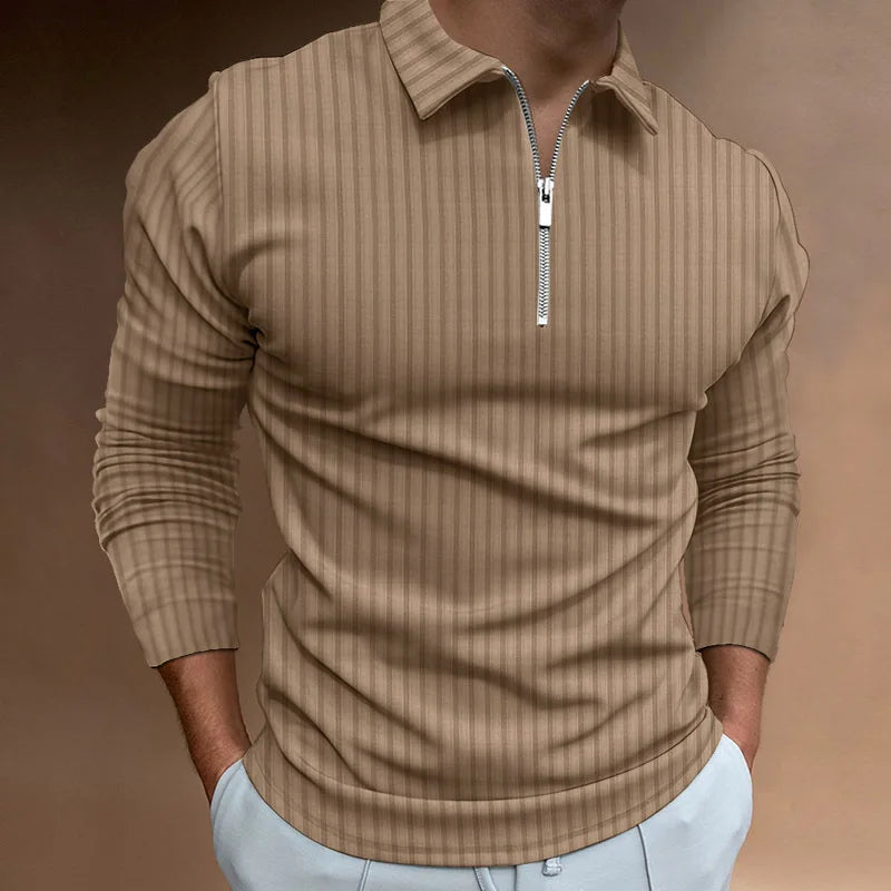 Cross-border spring and autumn men's POLO shirt fashion trend zipper striped long-sleeved men's polo shirt