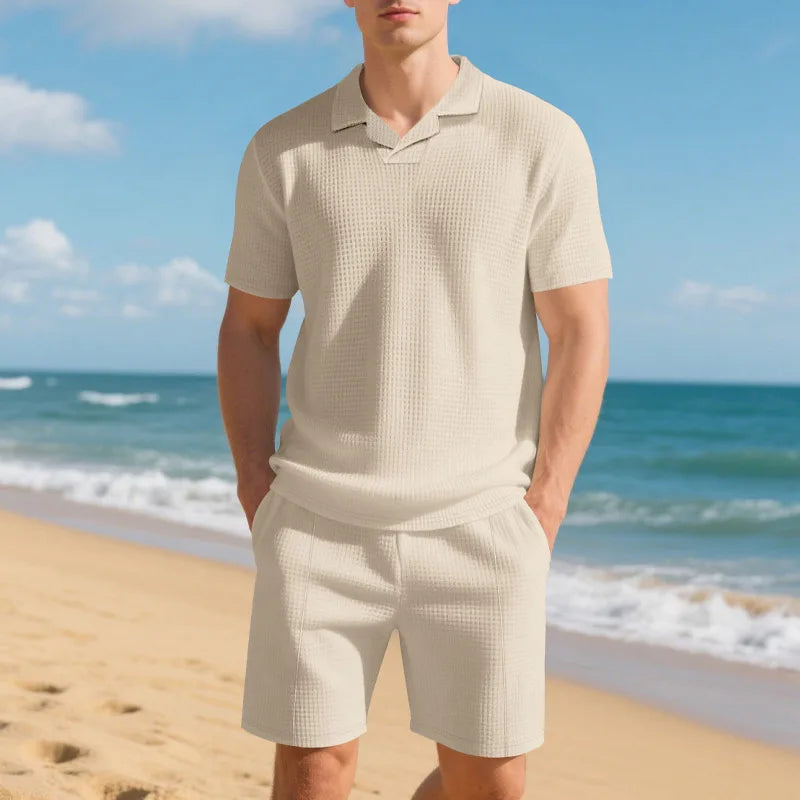 Balmacaan Collar Waffle-knit Polo Shorts Set