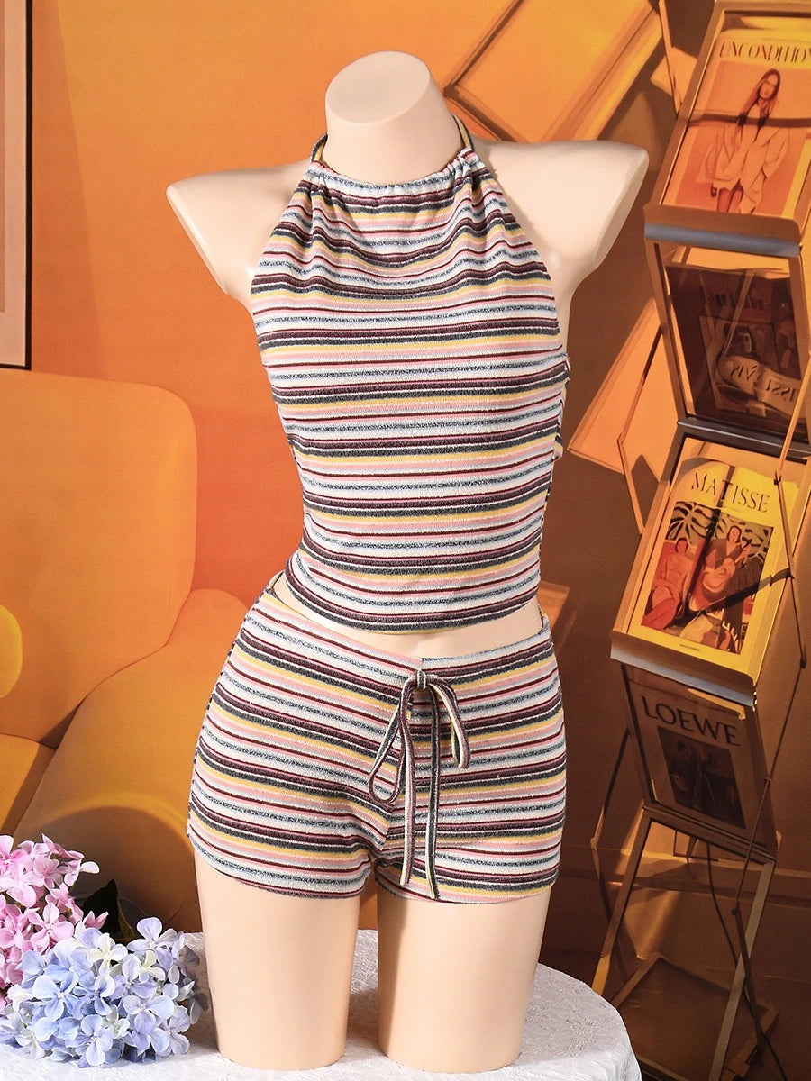 SsTss Women's Colorful Striped Halter Crop Top & Shorts 2 Piece Set New Fashion Summer Casual Daily Vacation Lounge Outfit