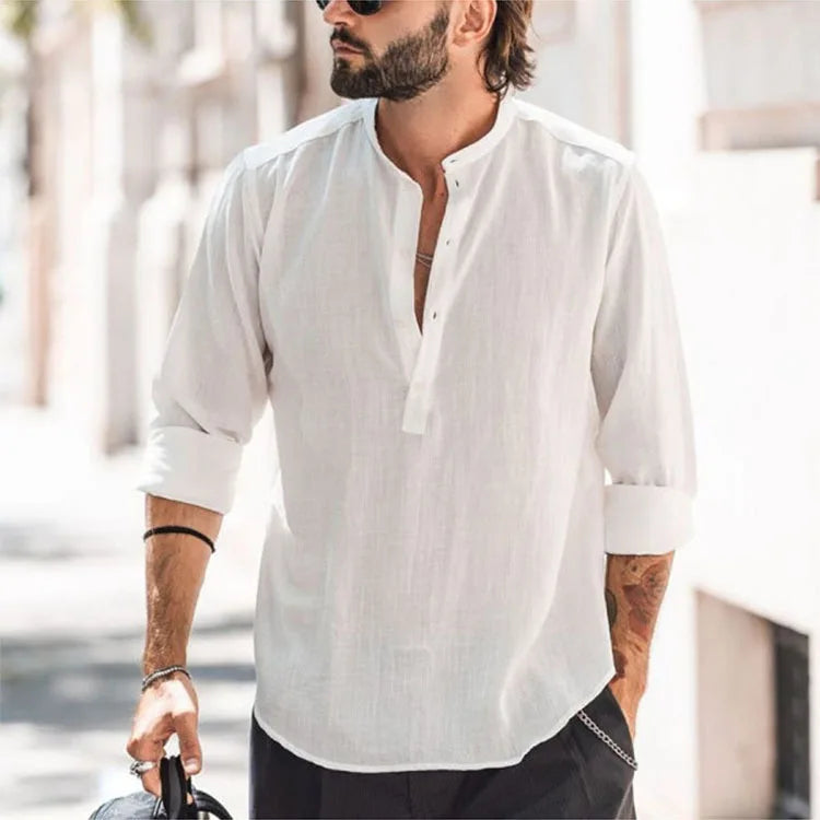 Long Sleeve Henley Cotton Linen Shirts