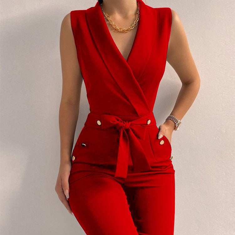 V-neck sleeveless one-piece work pants