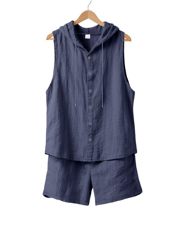 Men's Linen Hooded Vest and Shorts Set