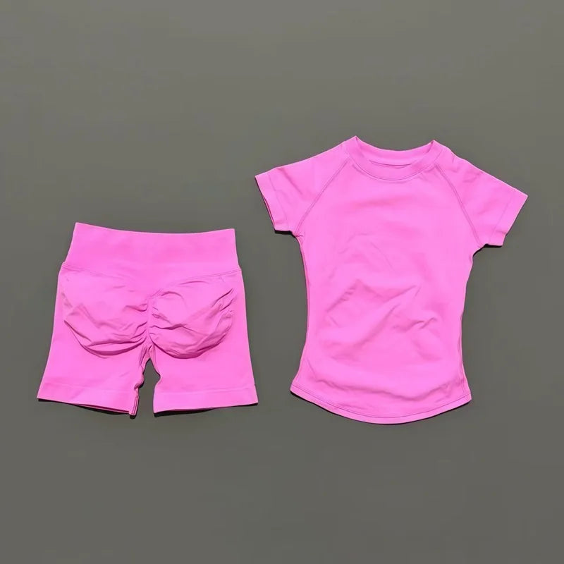 2 Piece HISTELLO Df Solid Color Impact Gym Set Seamless Yoga Short Sleeve Women Fitness Clothing Workout Sports Leggings Suit