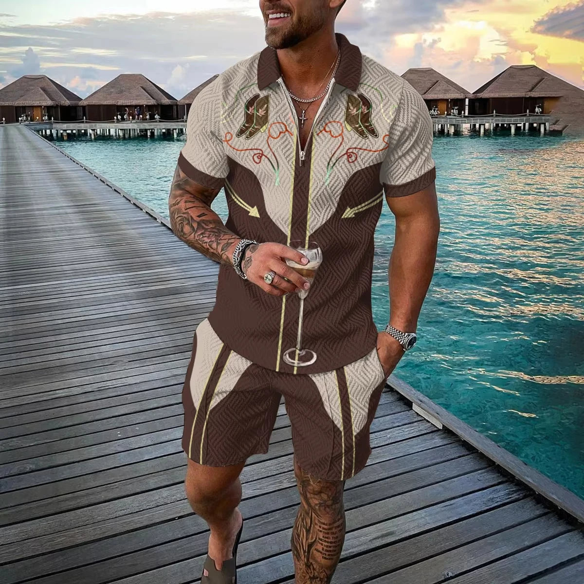 Summer 3D Print Men's Polo Shirt Set