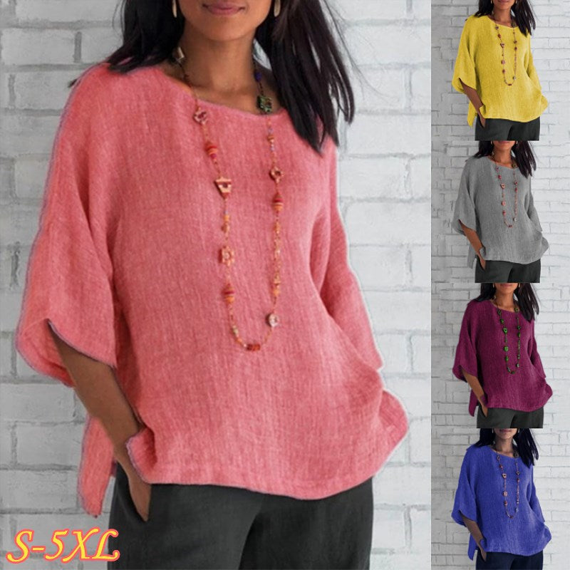 The Women's Three-Quarter Sleeve Round Neck Linen Shirt Top