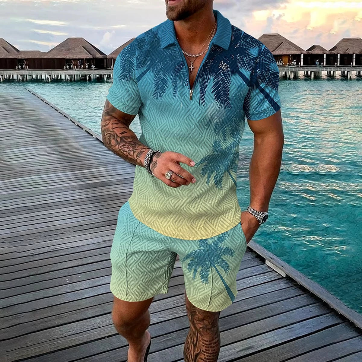 Summer 3D Print Men's Polo Shirt Set