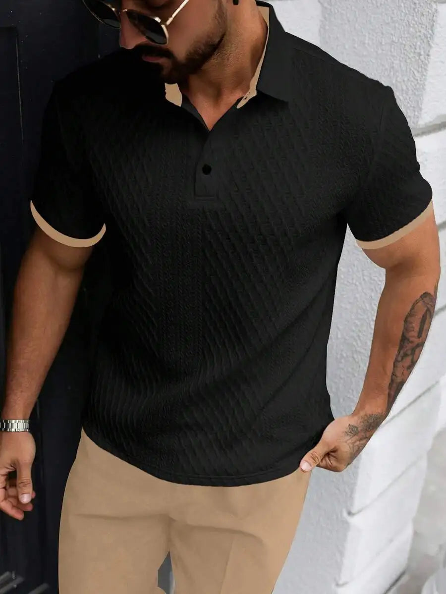Men's Textured Short Sleeve Polo Shirt with Black Trim - Casual Minimalist Design