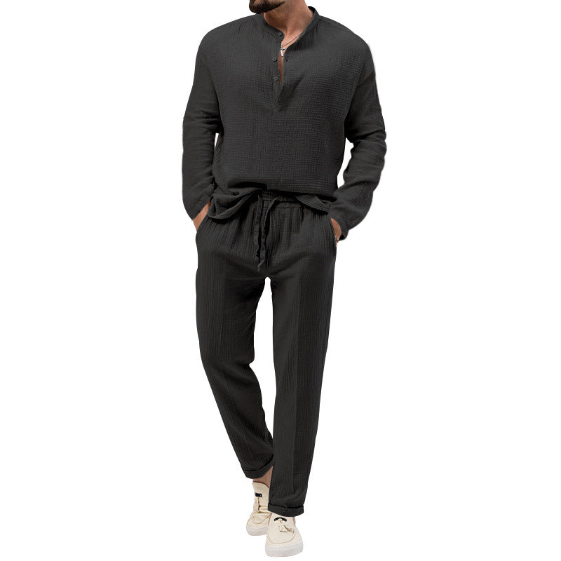 Men's Pure Color Casual Long Sleeve Shirt and Pants Set
