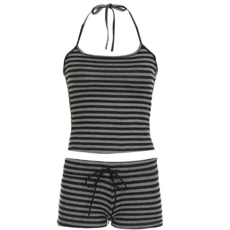 Lazy Contrasting Striped Halter Top Exposed Navel High Waisted Drawstring Shorts