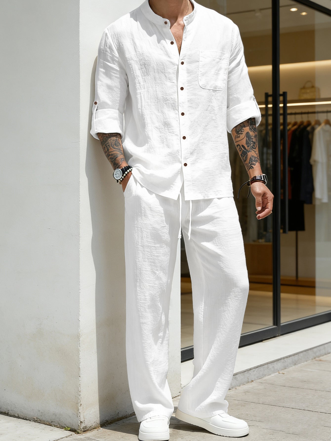 Mens Linen Stand Collar Shirt and Pants Set