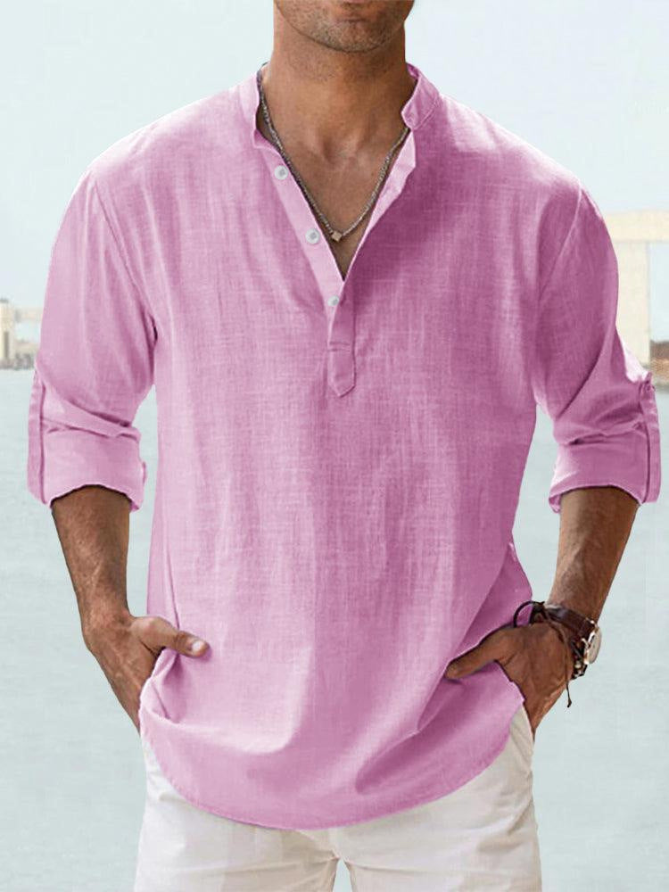 Mens Linen Collar Long Sleeve Cotton Shirt