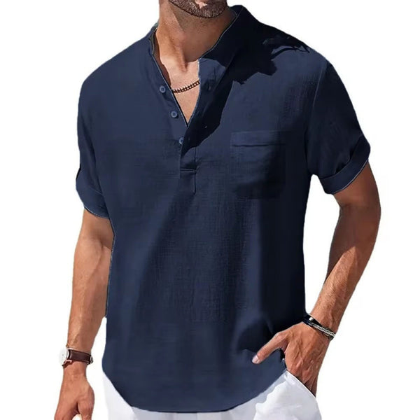 Men's Linen Short Sleeve Shirt with Stand Collar
