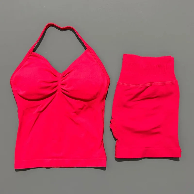 2 Piece Impact Sports Set Women Backless Halter Tops Fitness Tank Top High Waist Seamless High Stretch Shorts Gym Workout Sets