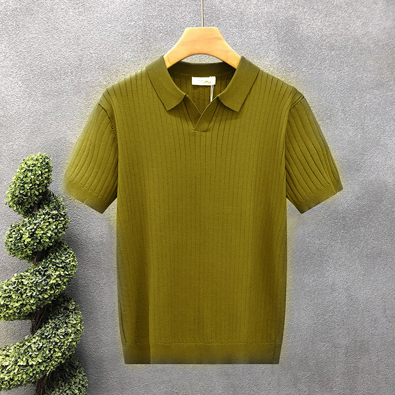 Mens Striped V-Neck Polo Shirt