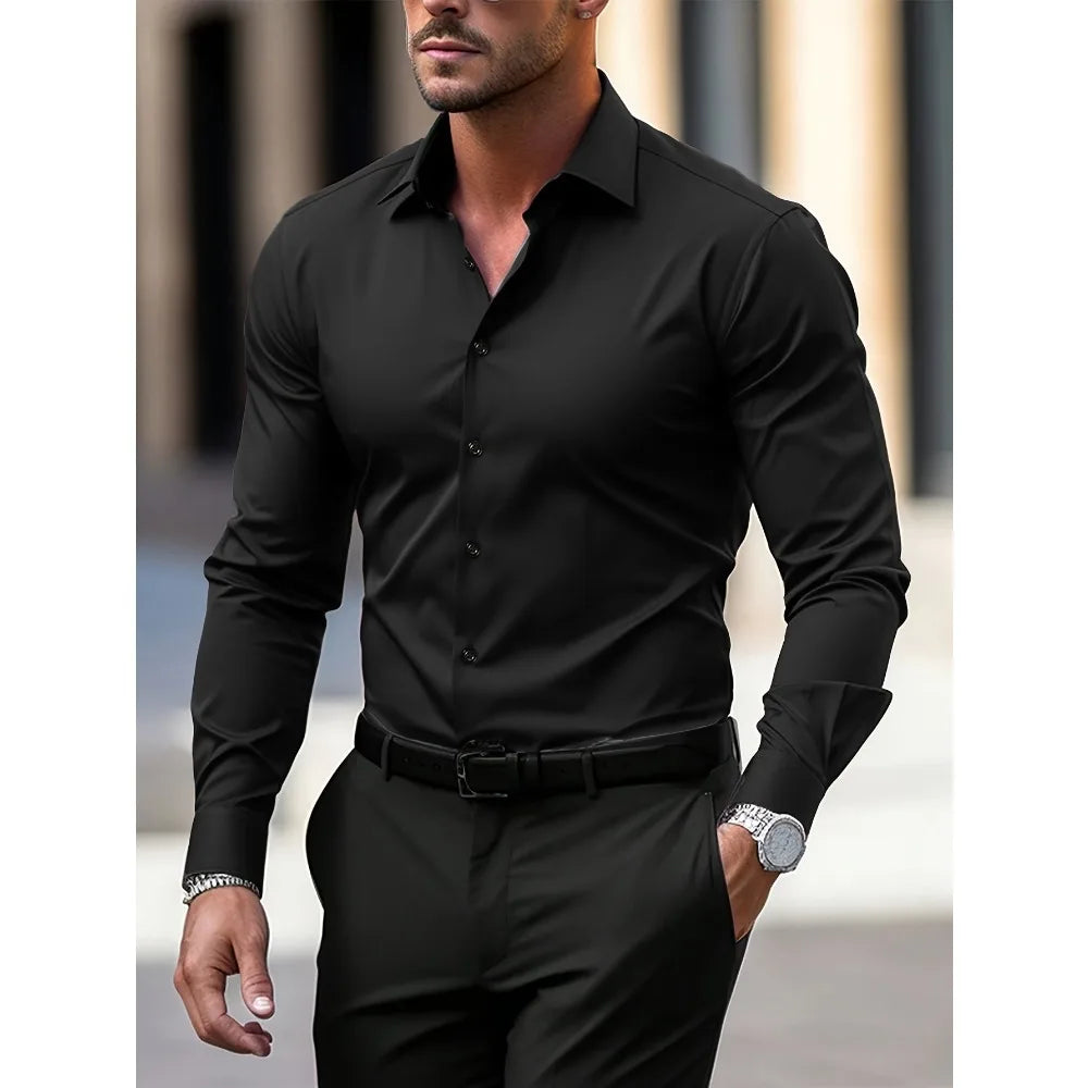 FGKKS New Solid Color Long Sleeve Elastic Fabric Shirt