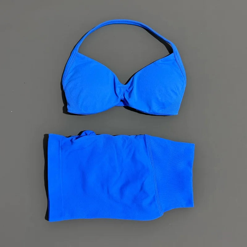 2 Piece Impact Sports Set Women Strappy Yoga Bra Gym Workout Scrunch Shorts Sports Suit Fitness Clothes Seamless Yoga Set