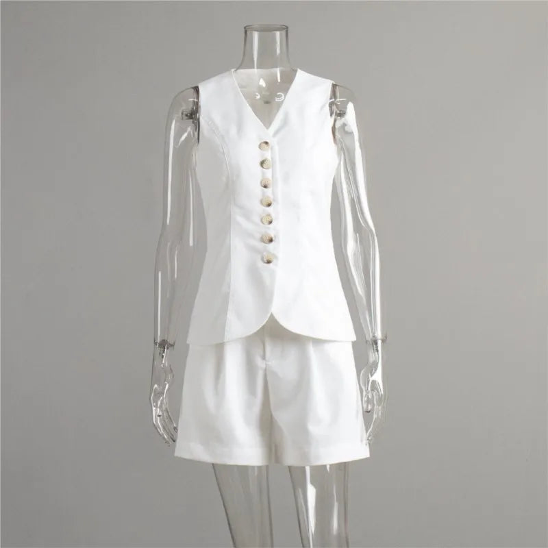 New Summer Women 2 Piece Cotton Linen Shorts Set, Fashion Office Lady Button Tank Vest Top Pocket Shorts Suit, Casual Outfits