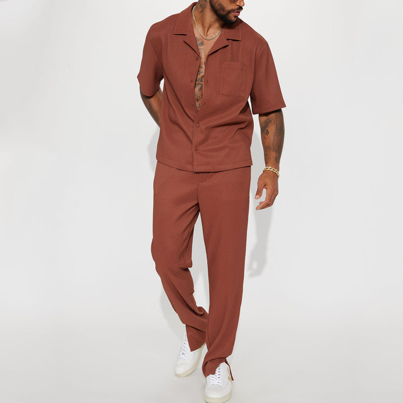 Men's Casual Short Sleeve Lapel Shirt and Long Pants Set