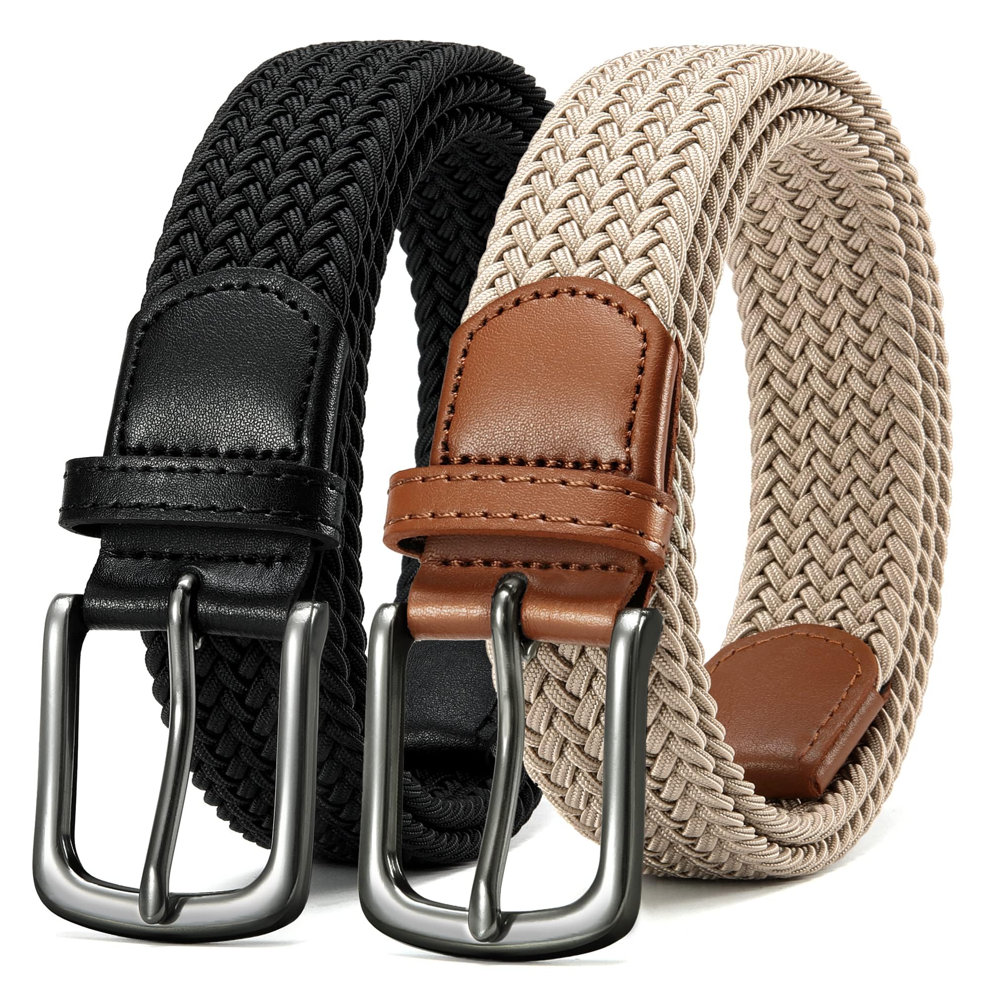 CHAOREN Mens Belt 2Pack - Mens Stretchable Braided Woven Golf Belt 1 3/8"- Elastic Canvas Fit Casual Jeans Pants