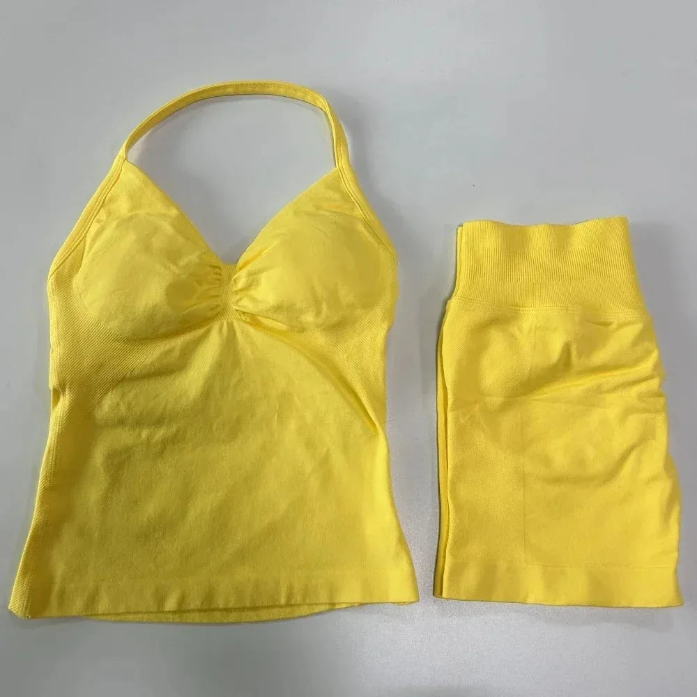 2 Pieces Sport Set Women Backless Tank Tops High Waist Scrunch Seamless Shorts Sport Suit Gym Set Sportswear Workout Set