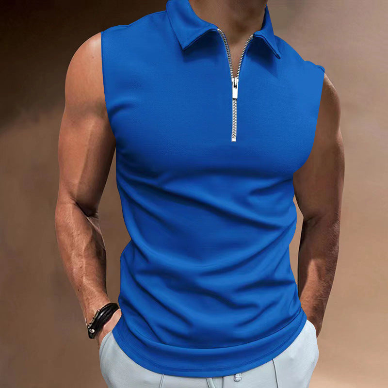 Men's Solid Color Sleeveless Polo Shirt - Casual Tops