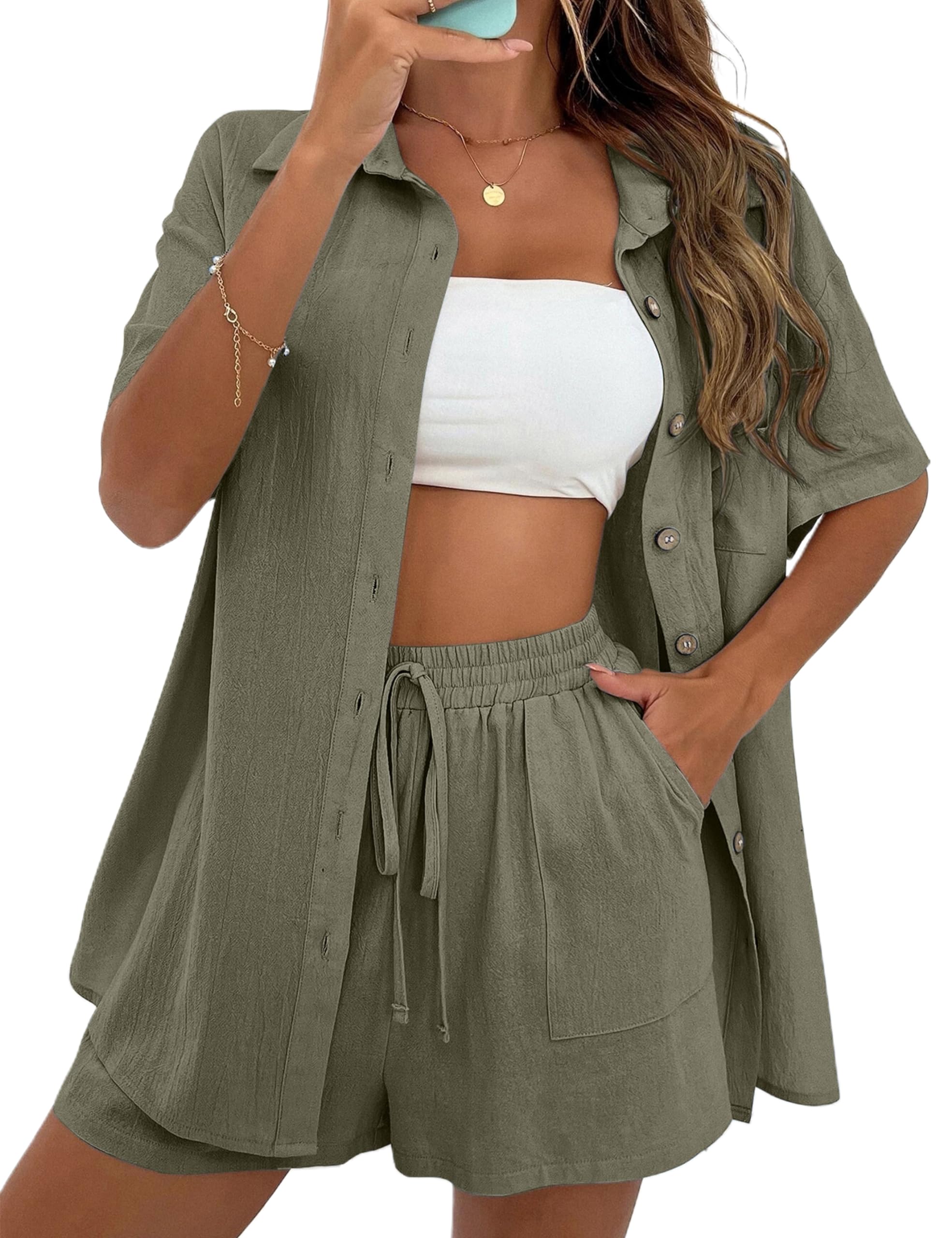 Hvewarm Women Summer Cotton Linen Short Sets  Vacation Outfits Tracksuits(ArmyGreen-XL)