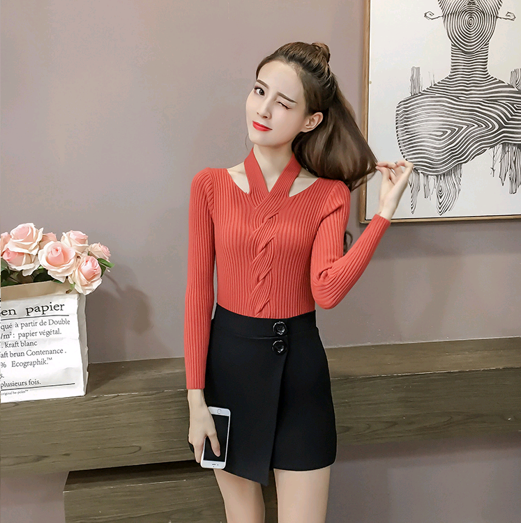 Women's Long Sleeve T-Shirt, Fashionable V-Neck Knit Top