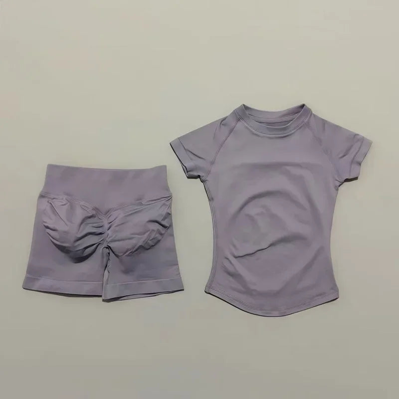 2 Pieces Impact Gym Sets Women Seamless knitted Yoga Short Sleeve Top Fitness Set Workout Running Sports Short Leggings Suit