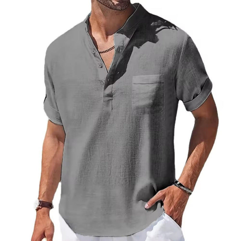 Men's Linen Short Sleeve Shirt with Stand Collar