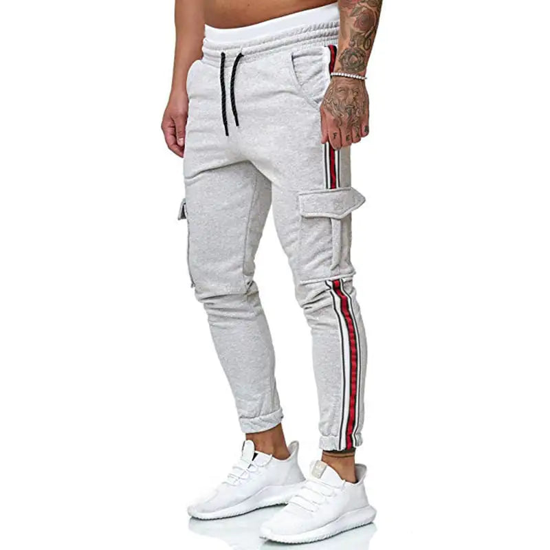 Men's Striped Drawstring Knee Pocket Casual Trousers