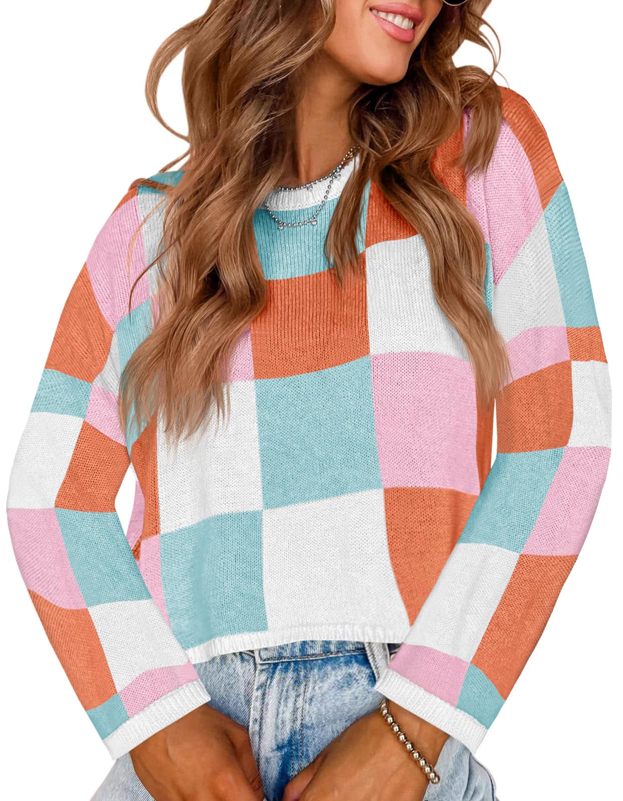 Saodimallsu Womens Cropped Sweater Checkered Color Block Fall Trendy Knit Crew Neck Long Sleeve Oversized Sweaters Pink