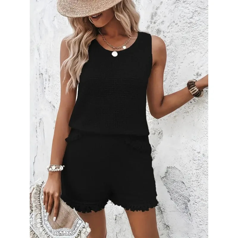 2026 Spot Amazon Independent Station Europe and America Cross-border Women's Top Shorts Set Sleeveless Crew Neck Pullover Top