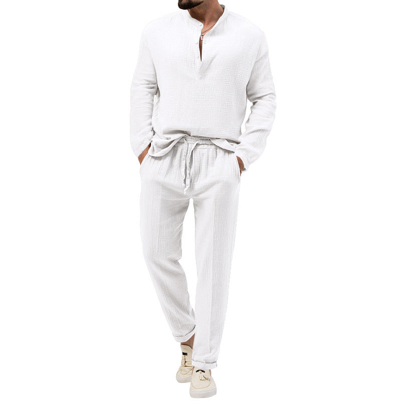 Men's Pure Color Casual Long Sleeve Shirt and Pants Set