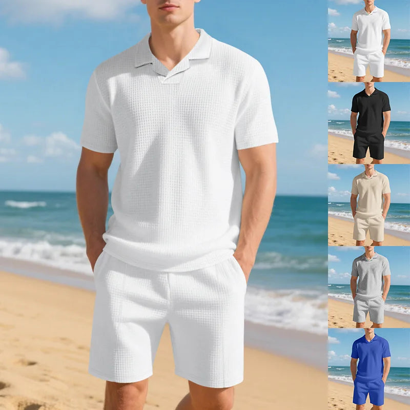 Balmacaan Collar Waffle-knit Polo Shorts Set