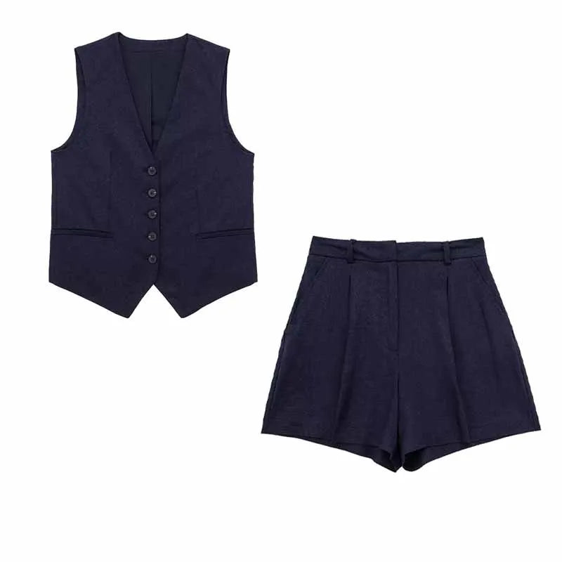 HH Fashion Vintage Sets For Women 2 Pieces Solid Linen V Neck Waistcoat Single Breasted Loose Vest Top Chic Casual Short Y2k
