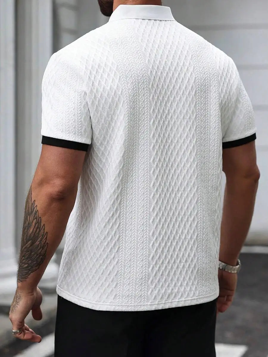 Men's Textured Short Sleeve Polo Shirt with Black Trim - Casual Minimalist Design
